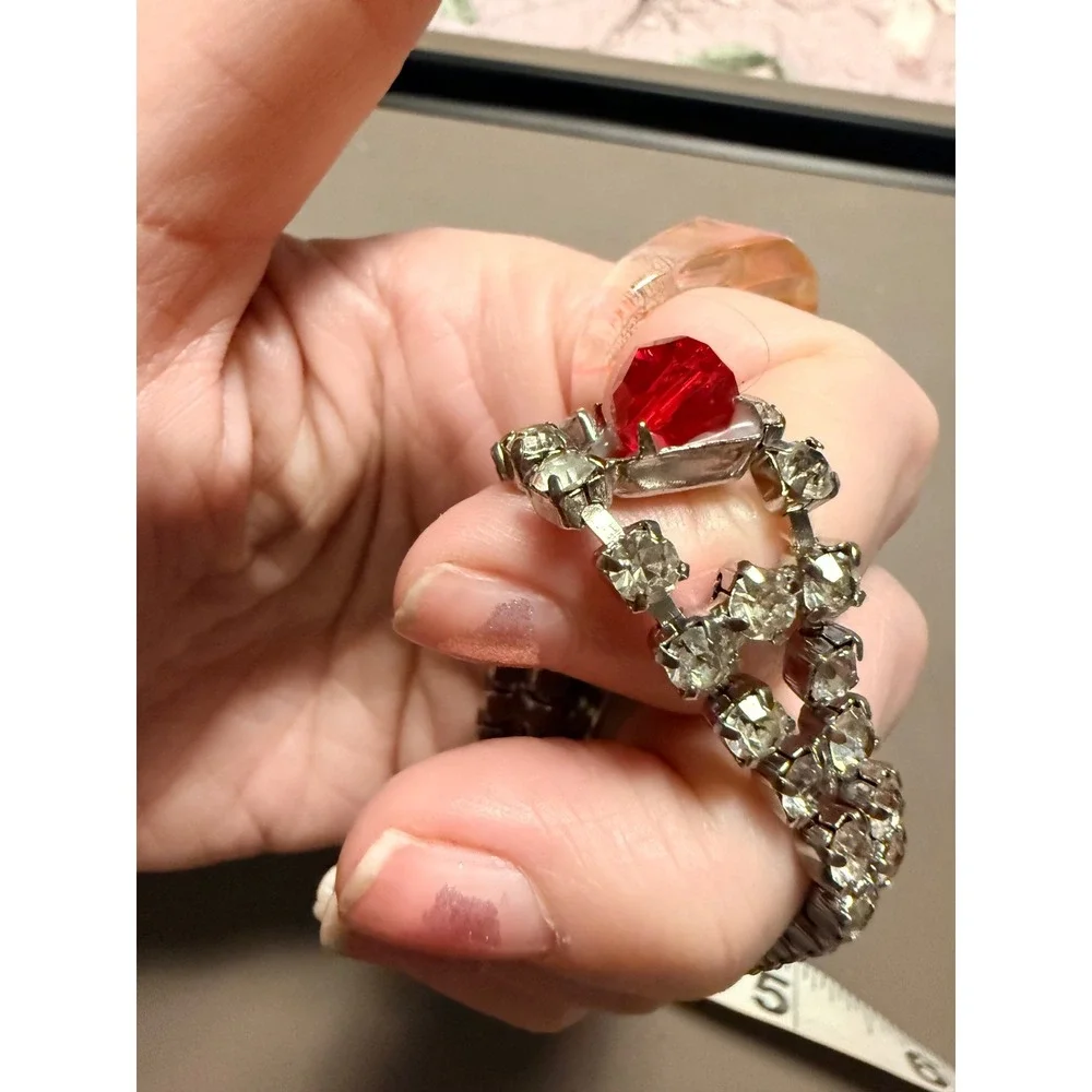 Vintage Silver Tone Red‎ Crystal Double Strand Rhinestone Bracelet 7 Inch